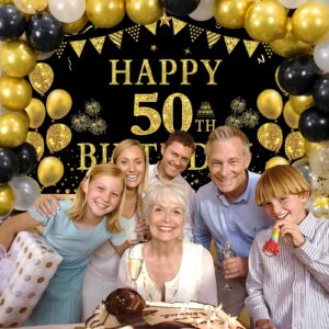 Trgowaul 50th Birthday Decorations for Men Women - Black Gold Happy 50th Birthday Backdrop Banner, 2 Pcs Happy Birthday Tablecloth, 60 Pc Latex Confetti Balloons, 50 Years Old Birthday Party Supplies