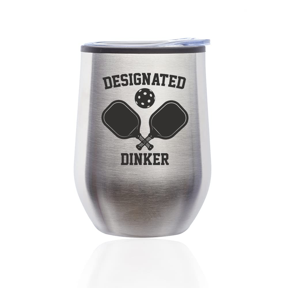 Stemless Wine Tumbler Coffee Travel Mug Glass with Lid Designated Dinker Funny Pickleball (Silver)