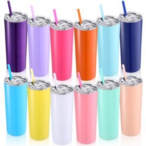 potchen 12 pcs insulated tumblers bulk skinny tumbler with lids and straws 20 oz blank stainless steel travel slim cups individually gift for coworkers kids students, 12 colors