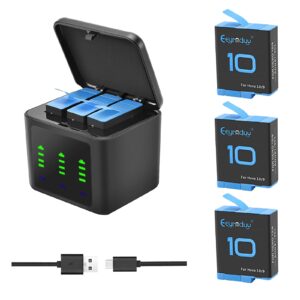 eeyrnduy rechargeable battery replacement for gopro hero 9/hero 10/hero 11 black camera 3-pack batteries and 3-channel usb charger combo