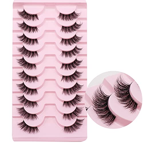 Half Lashes, Lashes Natural Look 10 Pairs Volume Cat Eye Lashes 10mm Wispy Lashes with Clear Band Short False Eyelashes TB02