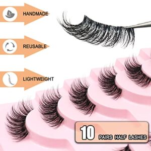 Half Lashes, Lashes Natural Look 10 Pairs Volume Cat Eye Lashes 10mm Wispy Lashes with Clear Band Short False Eyelashes TB02