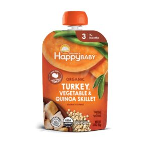 Happy Baby Organics Savory Blends Stage 3 Baby Food Puree, Free-Range Turkey, Harvest Vegetables & Quinoa Skillet, 3.5 Ounce (Pack of 16)