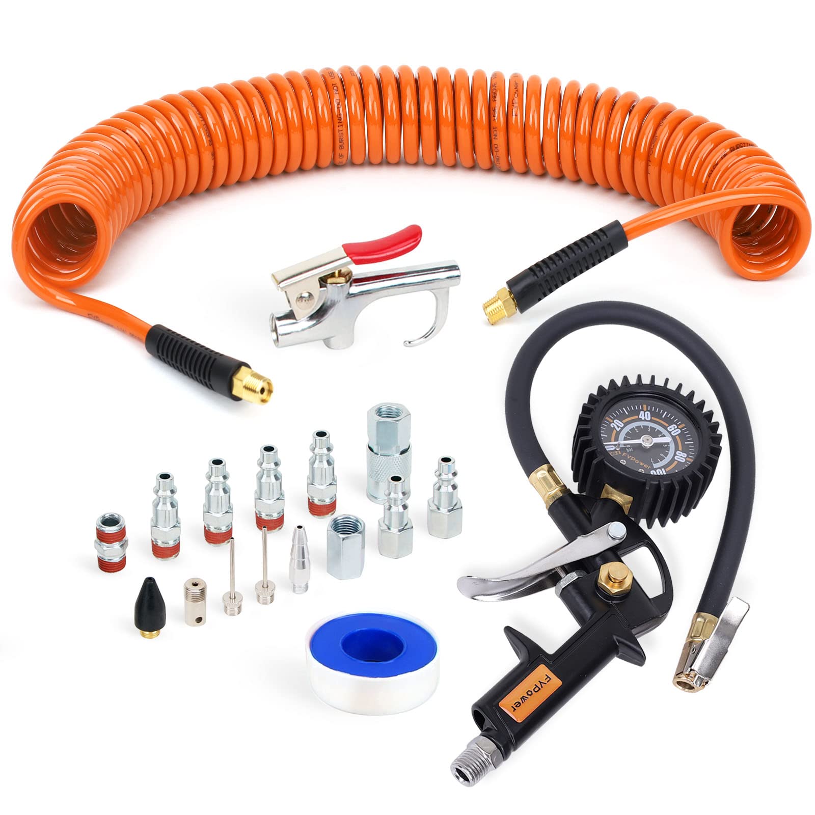 FYPower 18 Pieces Air Compressor Accessories kit, 1/4 inch x 25 ft Recoil Poly Air Compressor Hose Kit, 1/4" NPT Quick Connect Air Fittings, 100 PSI Tire Inflator Gauge, Heavy Duty Blow Gun