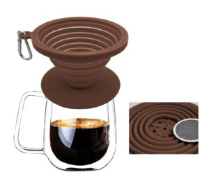 collapsible coffee dripper pour over coffee filter, silicone reusable coffee maker,paperless coffee brew maker,dishwasher safe,carabineer for hiking, backpacking,camping,home,office(brown)