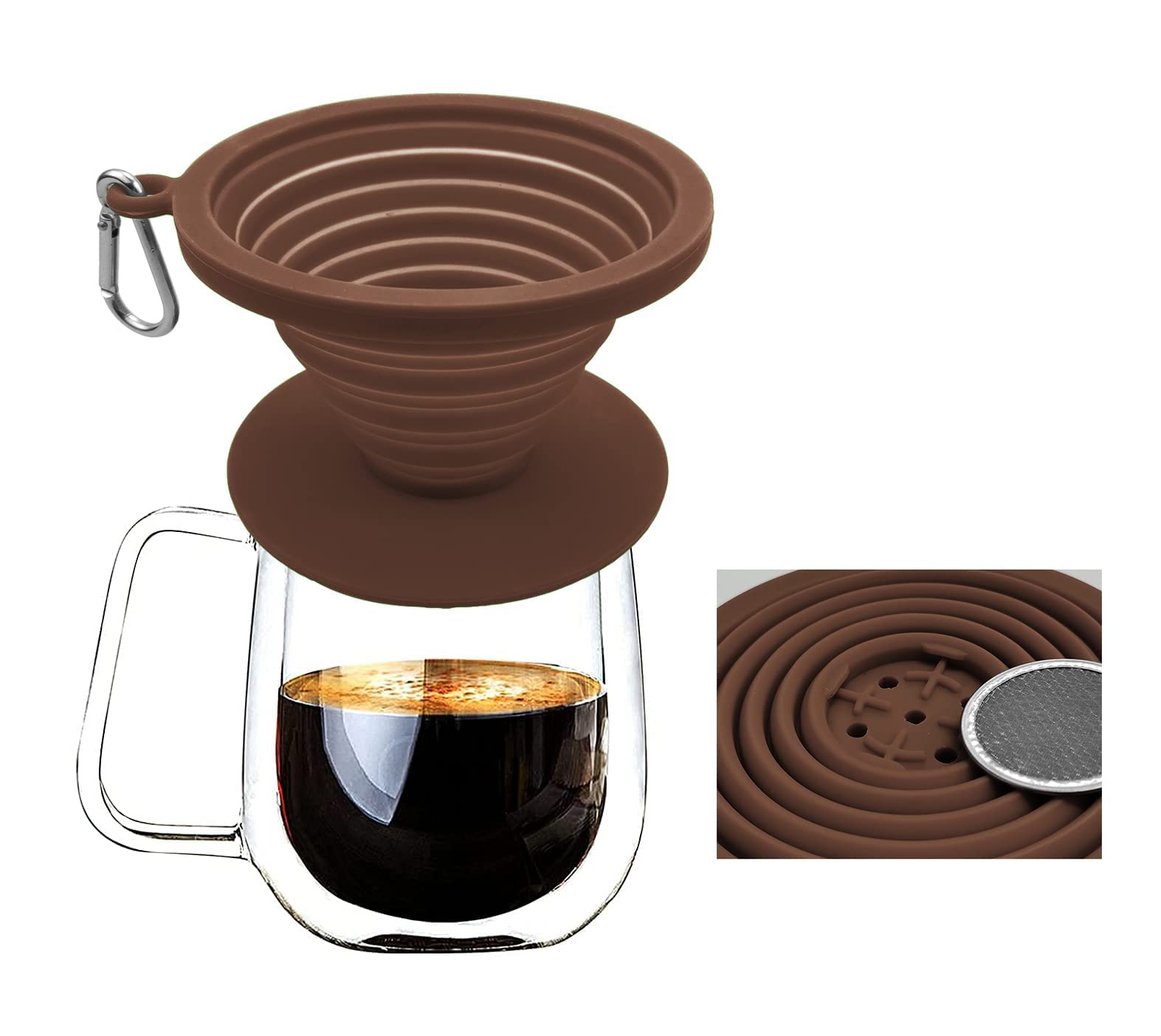 Collapsible Coffee Dripper Pour Over Coffee Filter, Silicone Reusable Coffee Maker,Paperless Coffee Brew Maker,Dishwasher Safe,Carabineer for Hiking, Backpacking,Camping,Home,Office(Brown)