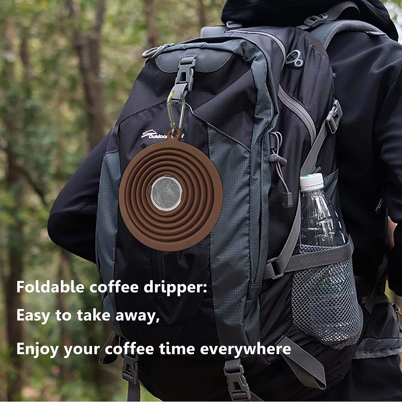 Collapsible Coffee Dripper Pour Over Coffee Filter, Silicone Reusable Coffee Maker,Paperless Coffee Brew Maker,Dishwasher Safe,Carabineer for Hiking, Backpacking,Camping,Home,Office(Brown)