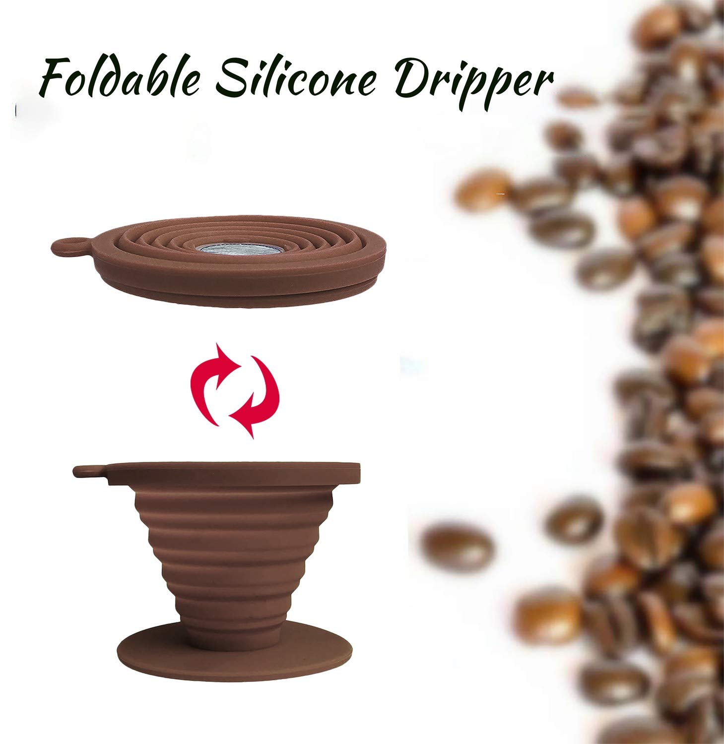 Collapsible Coffee Dripper Pour Over Coffee Filter, Silicone Reusable Coffee Maker,Paperless Coffee Brew Maker,Dishwasher Safe,Carabineer for Hiking, Backpacking,Camping,Home,Office(Brown)