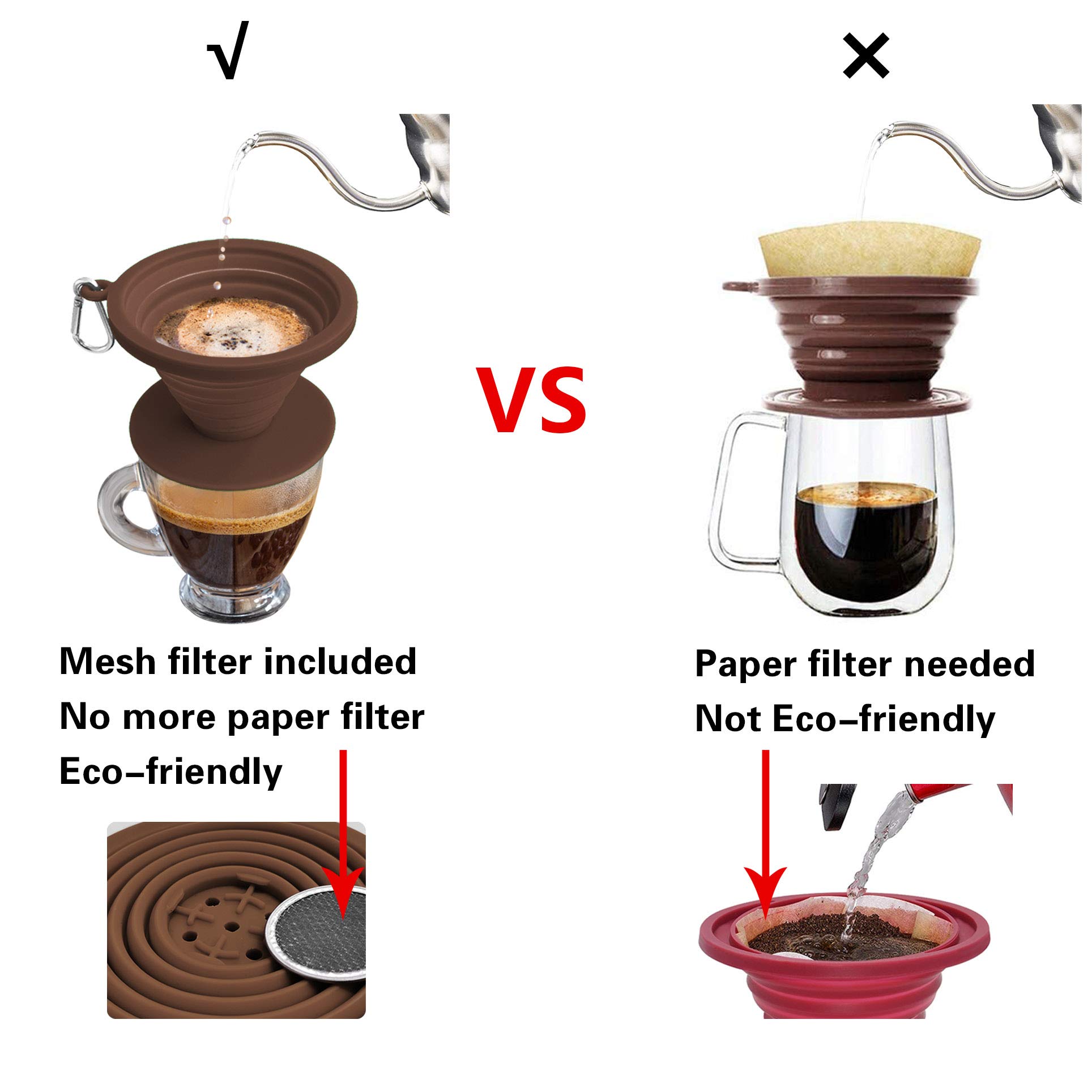 Collapsible Coffee Dripper Pour Over Coffee Filter, Silicone Reusable Coffee Maker,Paperless Coffee Brew Maker,Dishwasher Safe,Carabineer for Hiking, Backpacking,Camping,Home,Office(Brown)