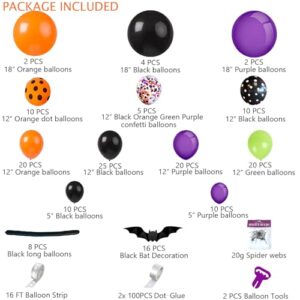 KAKAN Halloween Balloon Arch Kit, Halloween Balloon Garland with Halloween Spider Web, Black Orange Purple Balloons, Dot balloon, Long Balloon, 3D Bat Sticker, Tool Set for Halloween Party Decorations