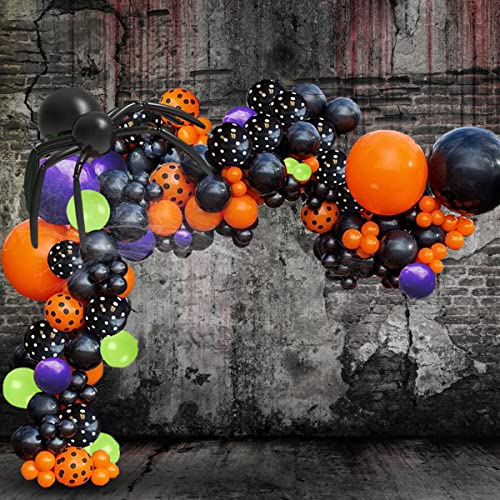 KAKAN Halloween Balloon Arch Kit, Halloween Balloon Garland with Halloween Spider Web, Black Orange Purple Balloons, Dot balloon, Long Balloon, 3D Bat Sticker, Tool Set for Halloween Party Decorations