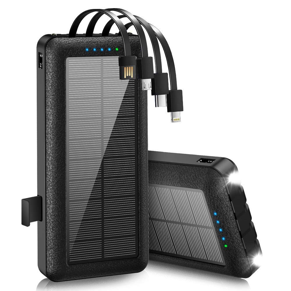 Portable Charger with Built-in Cables 30000mAh Solar Power Bank Fast Charge Battery Pack with 4 Outputs 3 Inputs,LED Flashlights,Solar Phone Charger for Smart Phones,Tablets and Camping