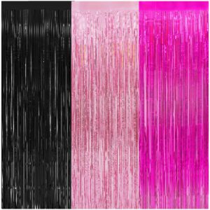 wiqedoha 3 pack foil curtains-8x9.84 ft rose red pink and black fringe metallic backdrop curtain for minie mouse themed baby shower birthday nursery party decorations