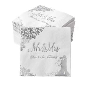 silver 100 pcs wedding napkins for reception mr and mrs wedding cocktail napkins, disposable napkins for wedding, engagement, bridal shower party decorations