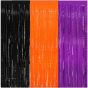 3 pack halloween black orange tinsel foil fringe curtain 8x9.84 ft backdrop curtain black and orange streamers for home outdoor halloween party photo booth props decorations