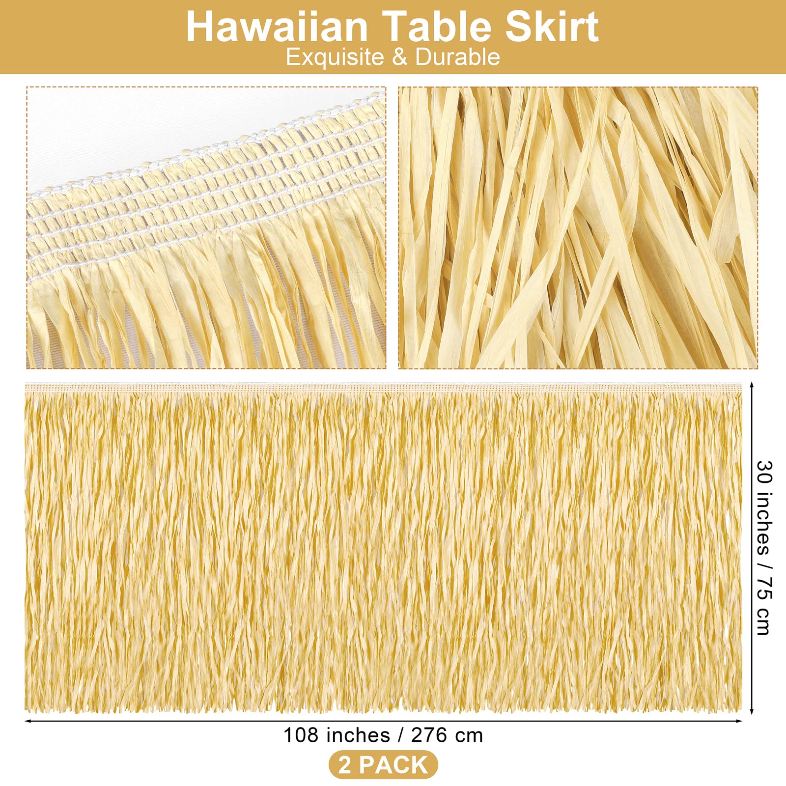 Fovths 2 Packs Luau Grass Table Skirt Fringe Straw Grass Skirt 108 x 30 Inch Hibiscus Hawaiian Table Skirts Rectangle Tropical Luau Party Decorations for Hawaiian Luau Decorations