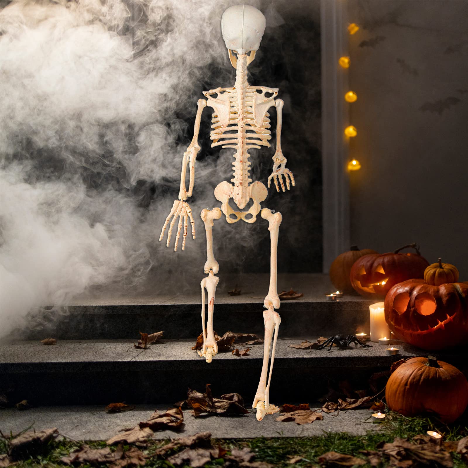 36" Skeleton Halloween Decor, 3FT Posable Halloween Skeleton Decorations for Haunted Houses, Front Lawn, Graveyard Props, Trunk or Treat, Full Body Lifelike Skeleton Model