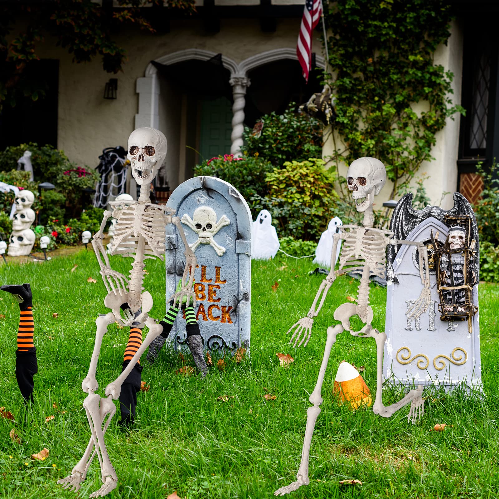 36" Skeleton Halloween Decor, 3FT Posable Halloween Skeleton Decorations for Haunted Houses, Front Lawn, Graveyard Props, Trunk or Treat, Full Body Lifelike Skeleton Model
