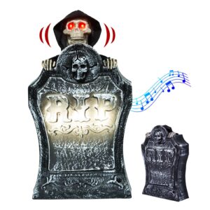 19" halloween decorations resin rip graveyard tombstone with led lights, animated movable skeleton skull with glowing eyes and voice activation for yard lawn haunted house outdoor decor party props