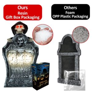 19" Halloween Decorations Resin RIP Graveyard Tombstone with LED Lights, Animated Movable Skeleton Skull with Glowing Eyes and Voice Activation for Yard Lawn Haunted House Outdoor Decor Party Props