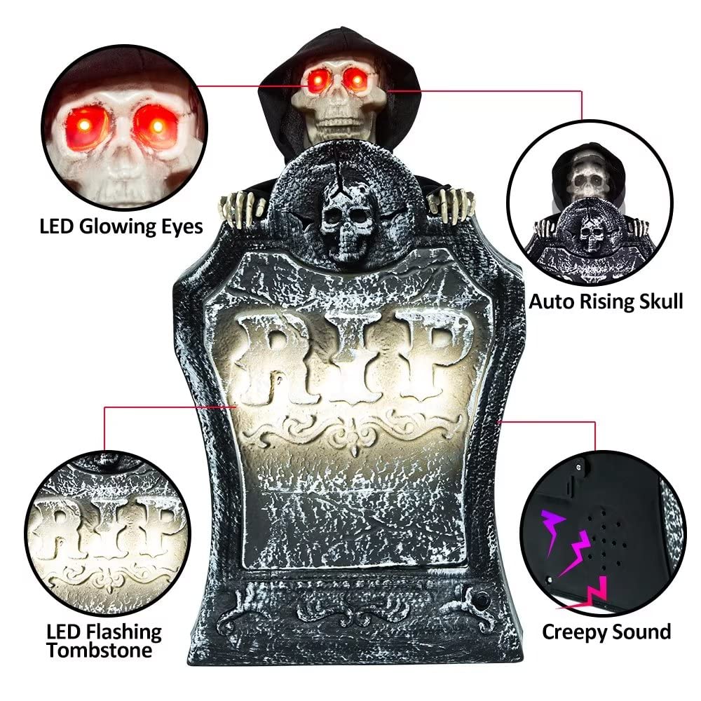 19" Halloween Decorations Resin RIP Graveyard Tombstone with LED Lights, Animated Movable Skeleton Skull with Glowing Eyes and Voice Activation for Yard Lawn Haunted House Outdoor Decor Party Props