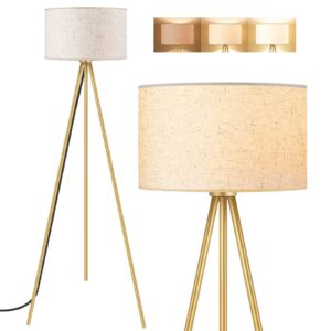 boostarea floor lamp for living room, tripod floor lamp, 15w led bulb, 3 levels dimmable brightness, linen lamp shade, mid century standing lamp for living room, bedroom, study room and office(gold)