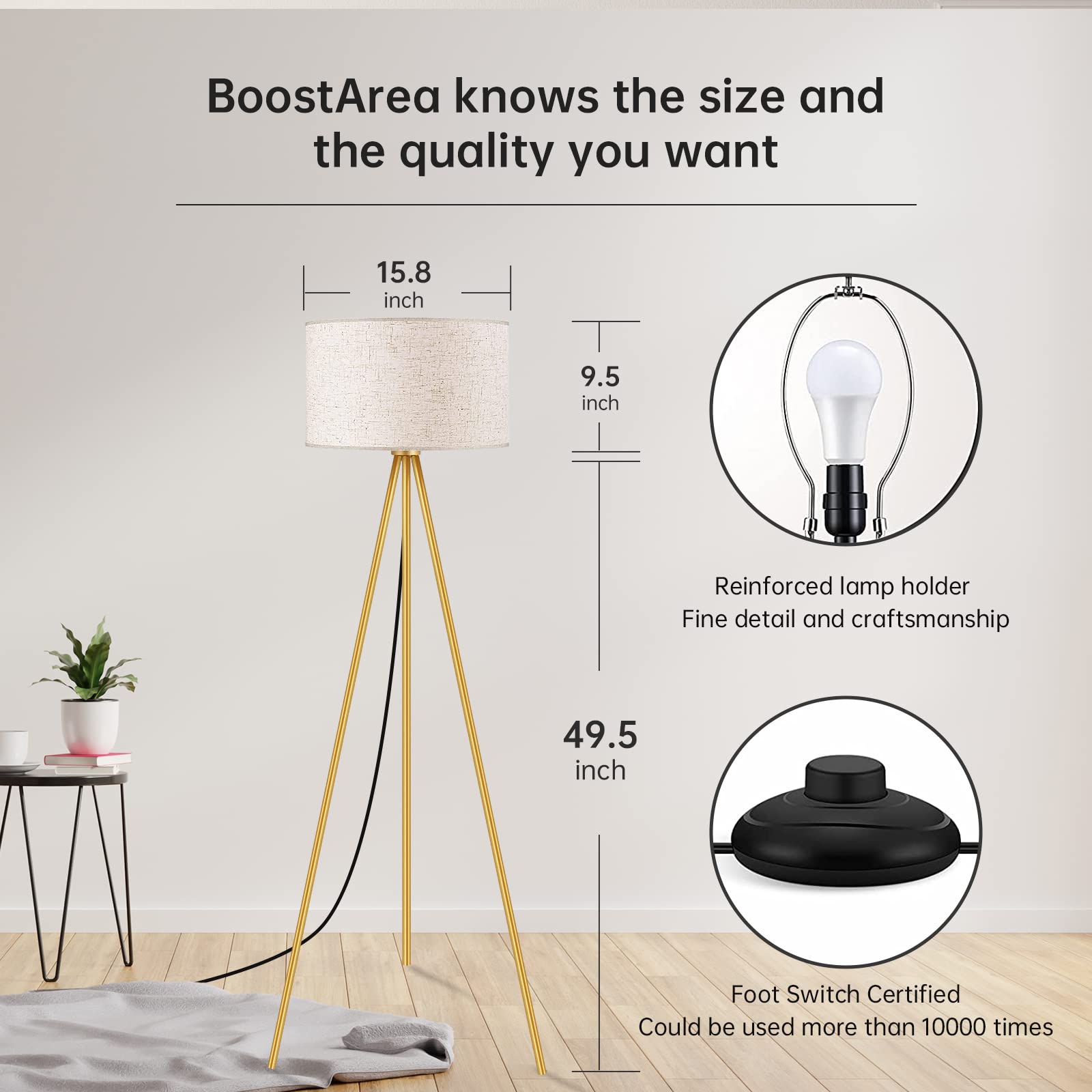 BoostArea Floor Lamp for Living Room, Tripod Floor Lamp, 15W LED Bulb, 3 Levels Dimmable Brightness, Linen Lamp Shade, Mid Century Standing Lamp for Living Room, Bedroom, Study Room and Office(Gold)