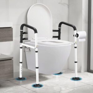 bnehs toilet safety rails, universal toilet handles for elderly, handicap toilet seat with handles, height &width adjustable medical assist grab bar with 4 suction cups &paper towel rack(white)