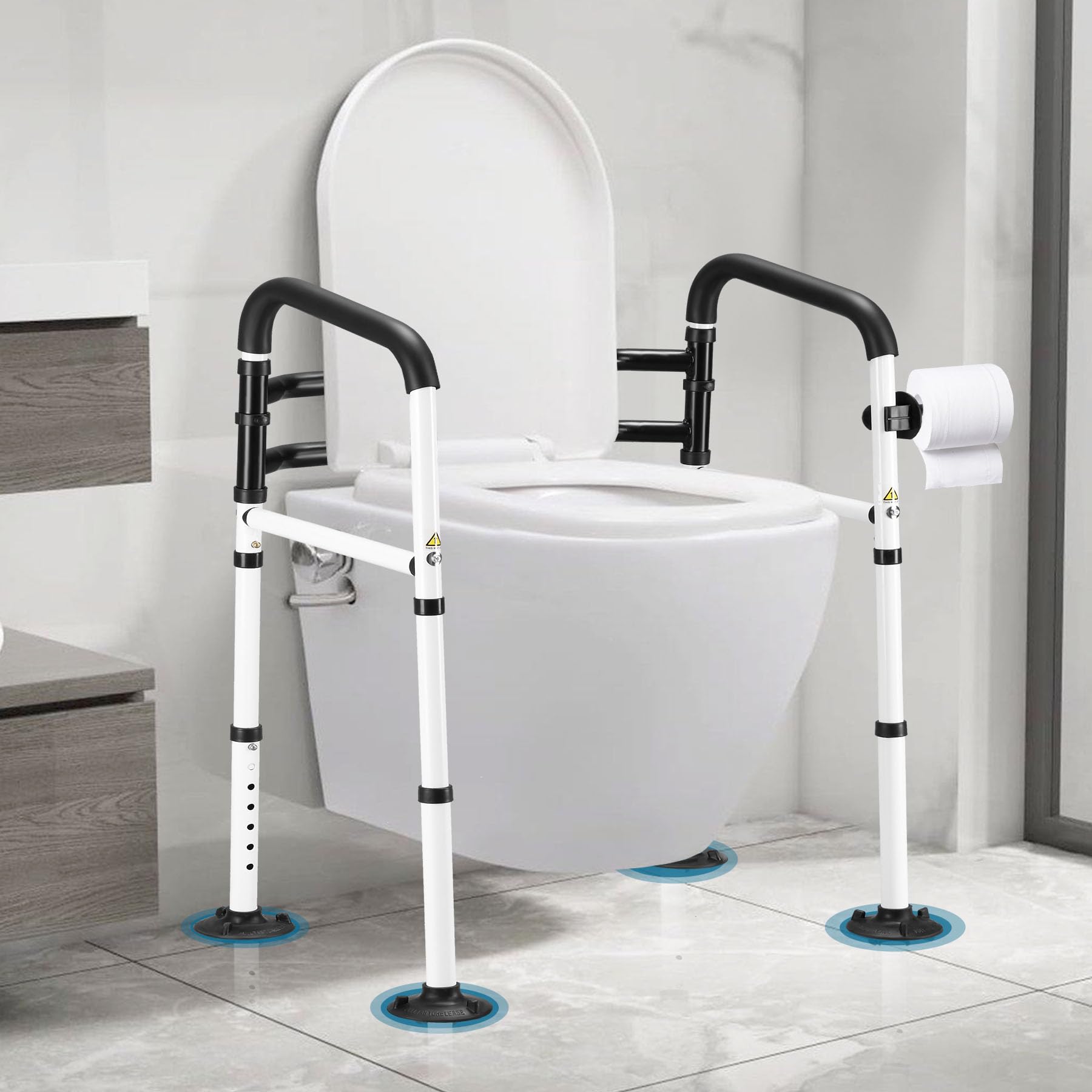 BNEHS Toilet Safety Rails, Universal Toilet Handles for Elderly, Handicap Toilet Seat with Handles, Height &Width Adjustable Medical Assist Grab Bar with 4 Suction Cups &Paper Towel Rack(White)