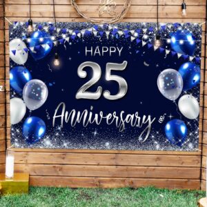 happy 25th anniversary backdrop banner decor navy blue – silver glitter happy 25 years wedding anniversary party theme decorations for women men supplies