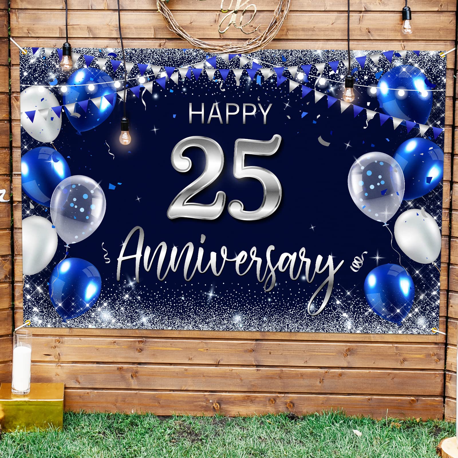 Happy 25th Anniversary Backdrop Banner Decor Navy Blue – Silver Glitter Happy 25 Years Wedding Anniversary Party Theme Decorations for Women Men Supplies