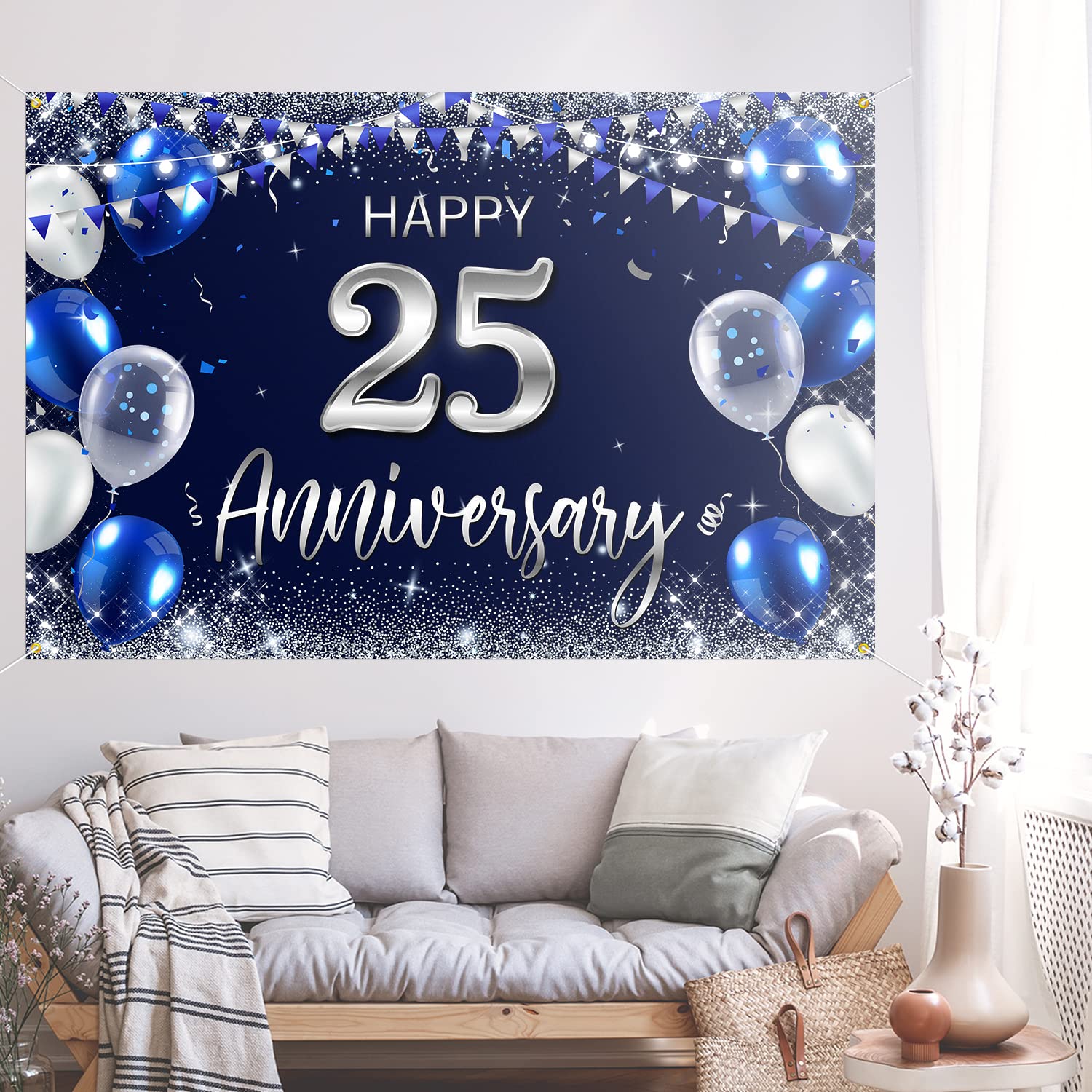 Happy 25th Anniversary Backdrop Banner Decor Navy Blue – Silver Glitter Happy 25 Years Wedding Anniversary Party Theme Decorations for Women Men Supplies