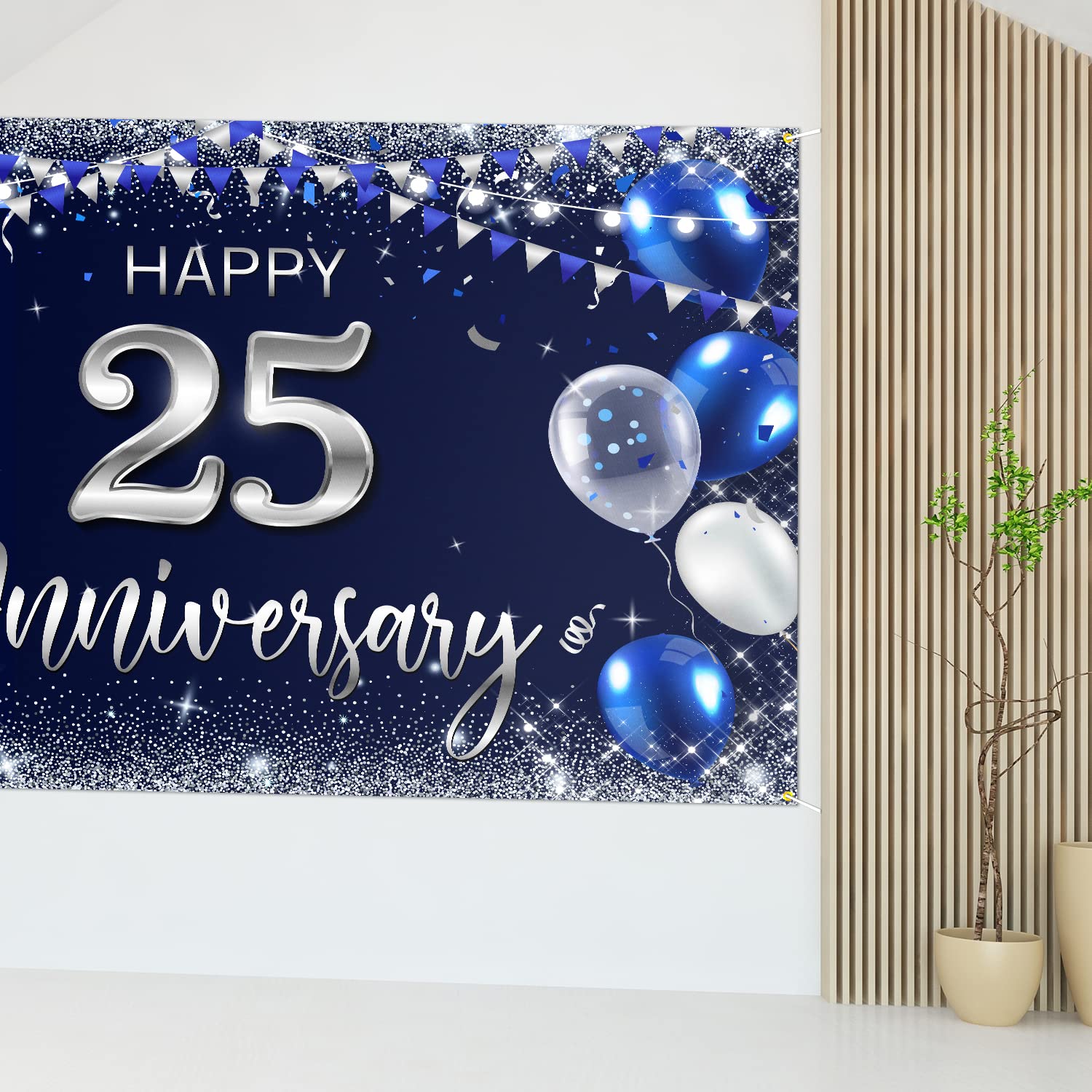 Happy 25th Anniversary Backdrop Banner Decor Navy Blue – Silver Glitter Happy 25 Years Wedding Anniversary Party Theme Decorations for Women Men Supplies