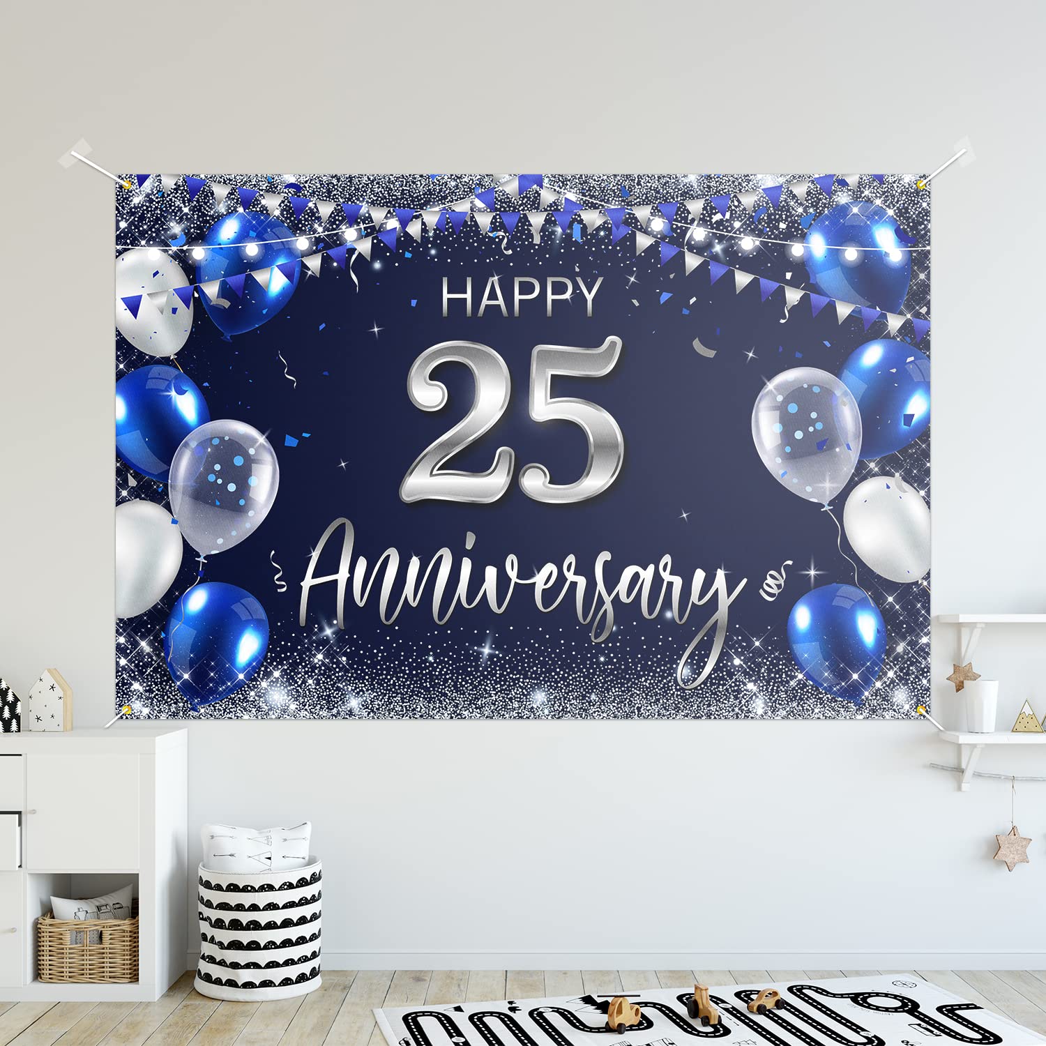 Happy 25th Anniversary Backdrop Banner Decor Navy Blue – Silver Glitter Happy 25 Years Wedding Anniversary Party Theme Decorations for Women Men Supplies