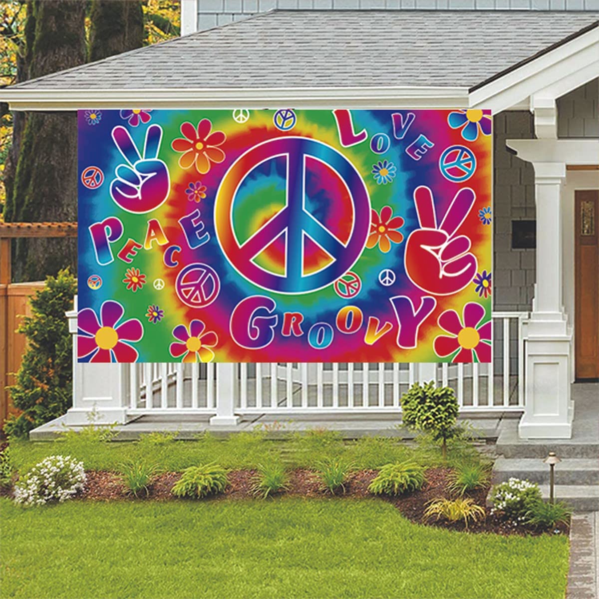 LOONELO Peace Groovy Love Backdrops Banner with 71x44 inch,60's Carnival Groovy Party Decoration Banner,Retro Hippie Boho Photography Background for Hippie Theme Groovy Party Decorations Rainbow