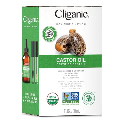 Cliganic Organic Castor Oil, 100% Pure (1oz with Eyelash Kit) - For Eyelashes, Eyebrows, Hair & Skin
