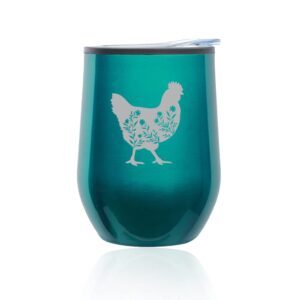 stemless wine tumbler coffee travel mug glass with lid floral chicken (turquoise teal)