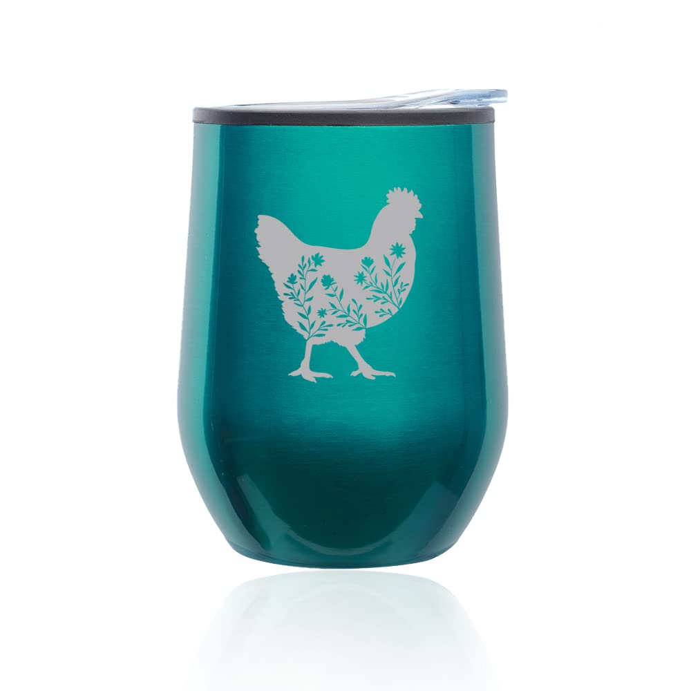 Stemless Wine Tumbler Coffee Travel Mug Glass with Lid Floral Chicken (Turquoise Teal)