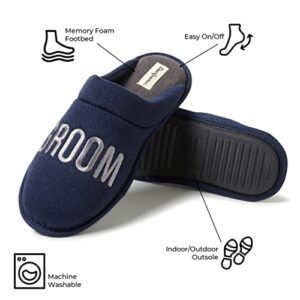 Dearfoams Men's Groomsmen Giftable Wedding Day Scuff Slipper, Groom Crew Navy, Medium