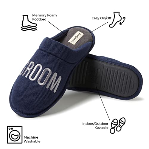 Dearfoams Men's Groomsmen Giftable Wedding Day Scuff Slipper, Groom Crew Navy, Medium