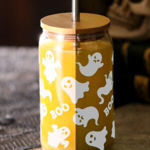 Halloween Ghosts Beer Can Glass Fall Iced Coffee Glass 16 OZ Spooky Mason Drinking Jar Glass with Lid Metal Straw And Cleaning Brush Bubble Tea Cups October Boo! Party Gifts for Him Her Soda, Tea