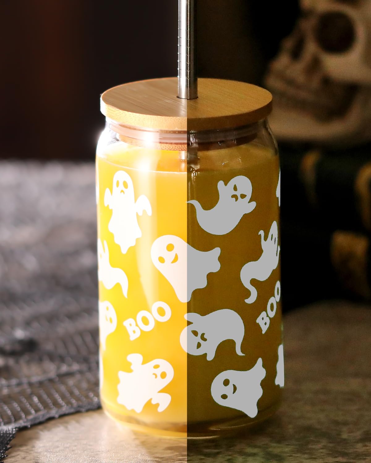 Halloween Ghosts Beer Can Glass Fall Iced Coffee Glass 16 OZ Spooky Mason Drinking Jar Glass with Lid Metal Straw And Cleaning Brush Bubble Tea Cups October Boo! Party Gifts for Him Her Soda, Tea