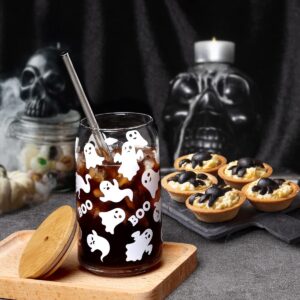 Halloween Ghosts Beer Can Glass Fall Iced Coffee Glass 16 OZ Spooky Mason Drinking Jar Glass with Lid Metal Straw And Cleaning Brush Bubble Tea Cups October Boo! Party Gifts for Him Her Soda, Tea