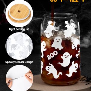 Halloween Ghosts Beer Can Glass Fall Iced Coffee Glass 16 OZ Spooky Mason Drinking Jar Glass with Lid Metal Straw And Cleaning Brush Bubble Tea Cups October Boo! Party Gifts for Him Her Soda, Tea