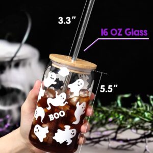 Halloween Ghosts Beer Can Glass Fall Iced Coffee Glass 16 OZ Spooky Mason Drinking Jar Glass with Lid Metal Straw And Cleaning Brush Bubble Tea Cups October Boo! Party Gifts for Him Her Soda, Tea