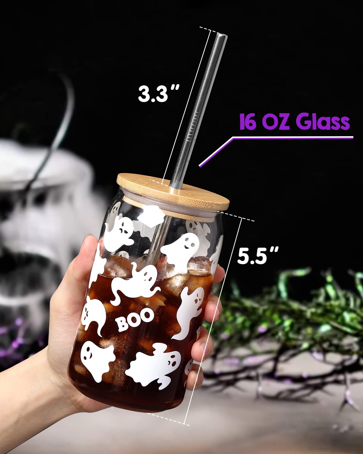 Halloween Ghosts Beer Can Glass Fall Iced Coffee Glass 16 OZ Spooky Mason Drinking Jar Glass with Lid Metal Straw And Cleaning Brush Bubble Tea Cups October Boo! Party Gifts for Him Her Soda, Tea