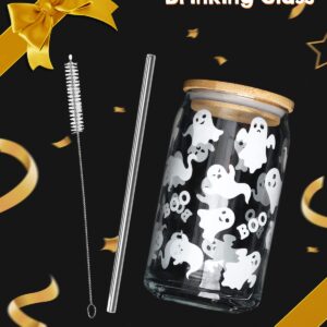 Halloween Ghosts Beer Can Glass Fall Iced Coffee Glass 16 OZ Spooky Mason Drinking Jar Glass with Lid Metal Straw And Cleaning Brush Bubble Tea Cups October Boo! Party Gifts for Him Her Soda, Tea