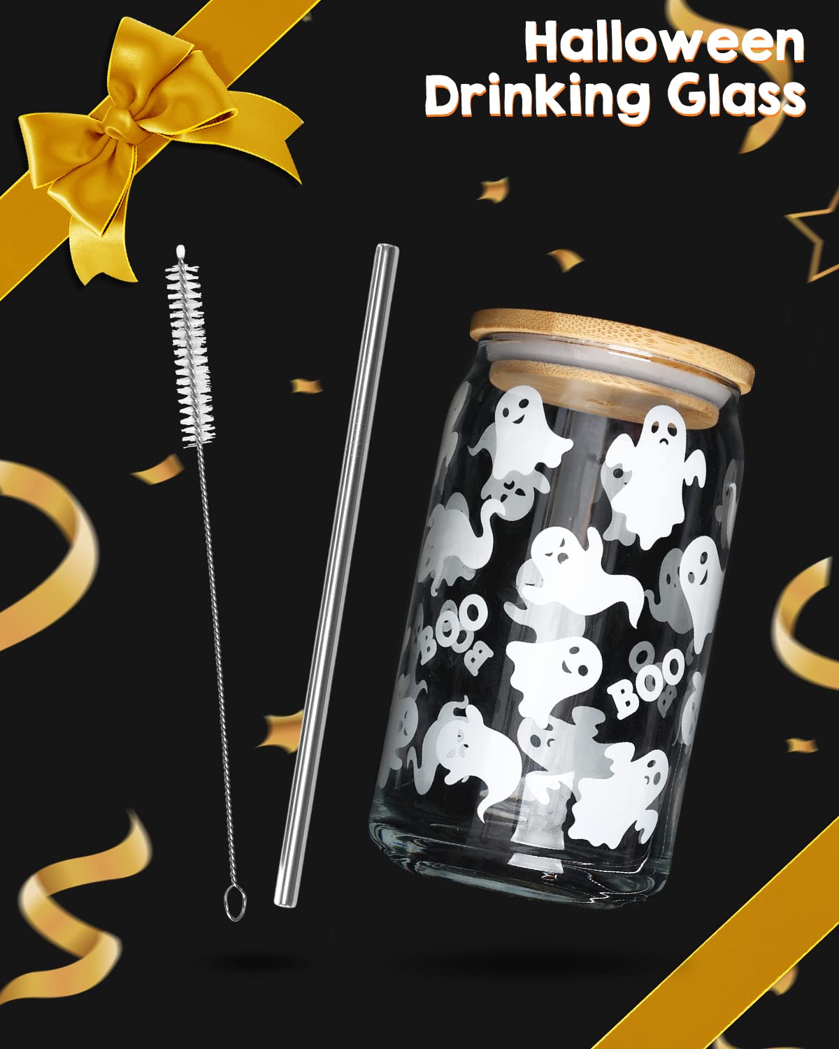 Halloween Ghosts Beer Can Glass Fall Iced Coffee Glass 16 OZ Spooky Mason Drinking Jar Glass with Lid Metal Straw And Cleaning Brush Bubble Tea Cups October Boo! Party Gifts for Him Her Soda, Tea