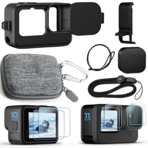 okfun accessories kit for go pro hero12/hero11/hero10/hero9 black,carrying case+silicone case with rubber lens cover+screen protector+battery side cover+lens cover cap+lanyard for hero12/11/10/9 black