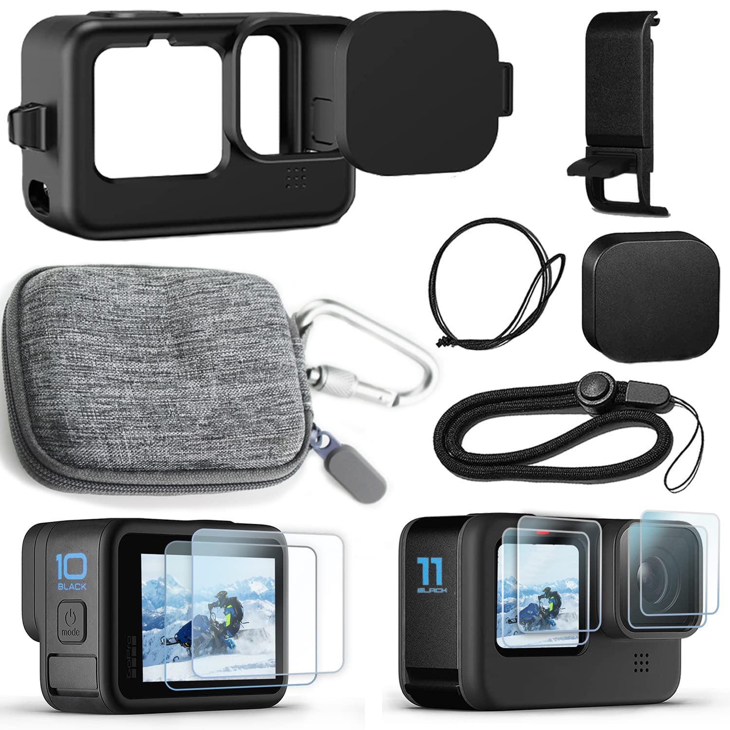 OKFUN Accessories Kit for Go Pro Hero12/Hero11/Hero10/Hero9 Black,Carrying Case+Silicone Case with Rubber Lens Cover+Screen Protector+Battery Side Cover+Lens Cover Cap+Lanyard for Hero12/11/10/9 Black